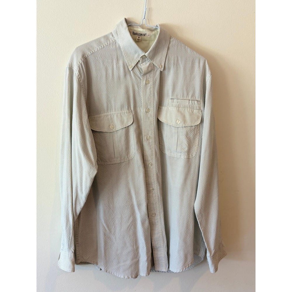 TravelSmith Mens Long Sleeve Button Down Shirt Micro Grid Plaid White Navy M